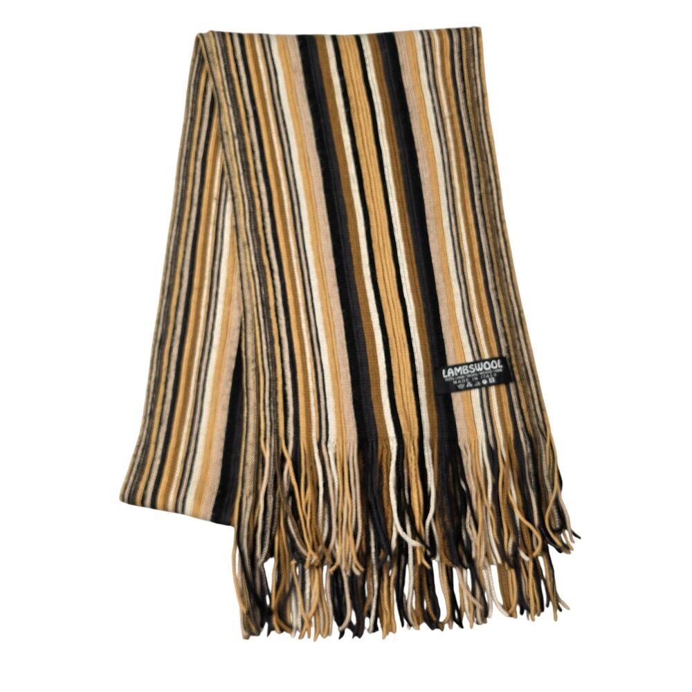 Lambswool Scarf Mens One Size Brown Striped Knit Fringe Winter Made In Italy